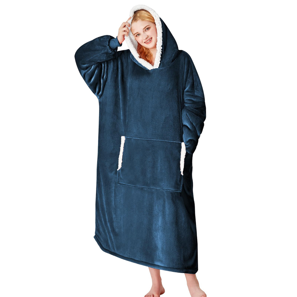 Yescool wearable blanket hoodie navy blue, front view, for cozy lounging and warmth.