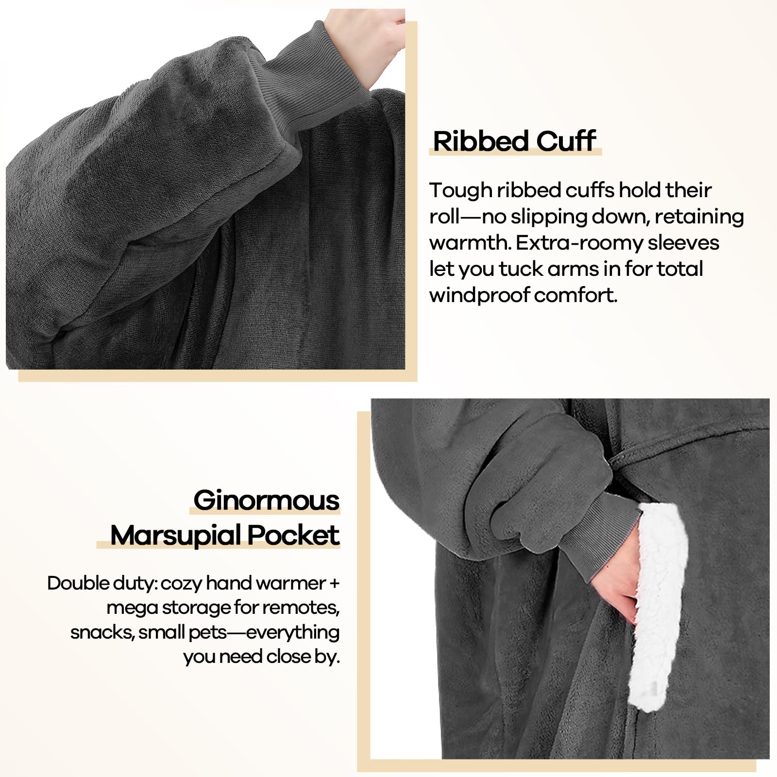Yescool pocket and sleeves close-up showing practical warmth and storage