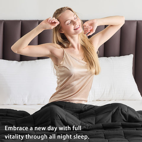 Yescool weighted blanket draped on a bed with breathable fabric feel