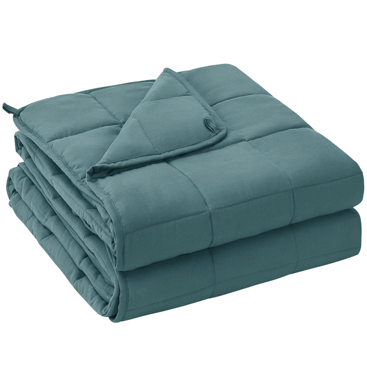 Yescool weighted blanket teal 60x80 on bed for cozy, cooling comfort.