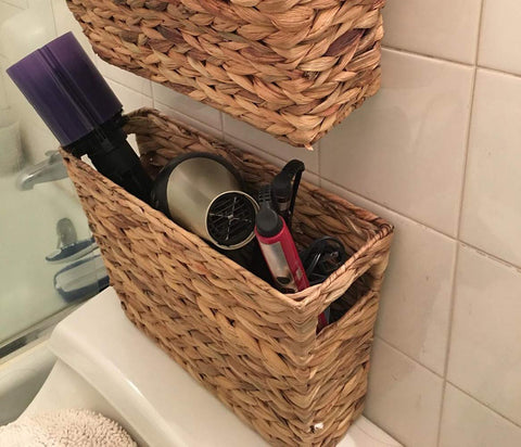 Yesland narrow basket size reference shows compact storage beside seating.