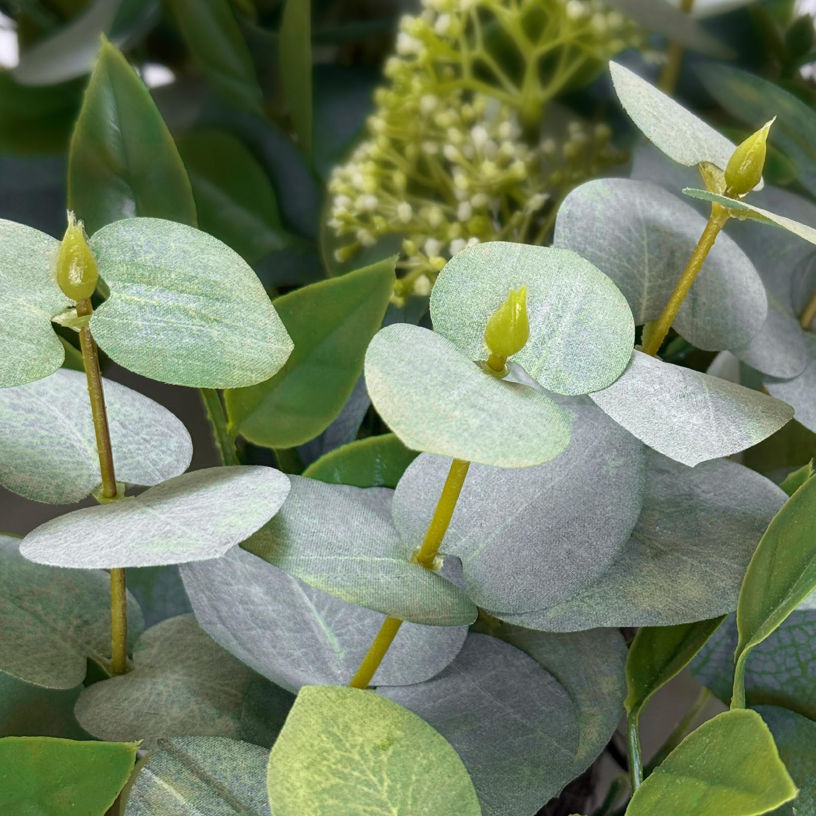 Yetermon Eucalyptus Wreath close-up of leaves shows realistic texture and color.