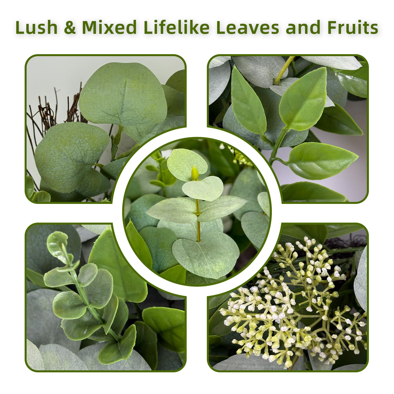 Yetermon Eucalyptus Wreath neutral decor matches any season.
