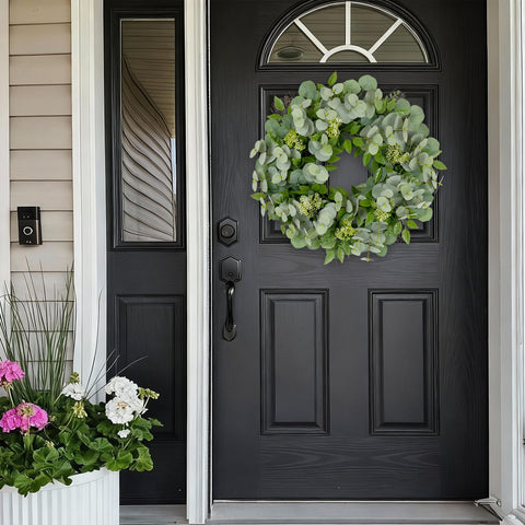 Yetermon Eucalyptus Wreath year-round display complements doors and windows.
