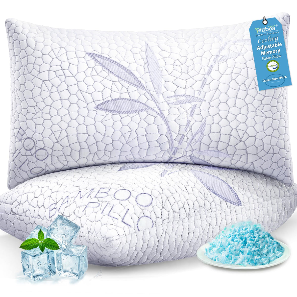 Yettbea adjustable memory foam pillow with dual-sided cover for cooling or soft support.