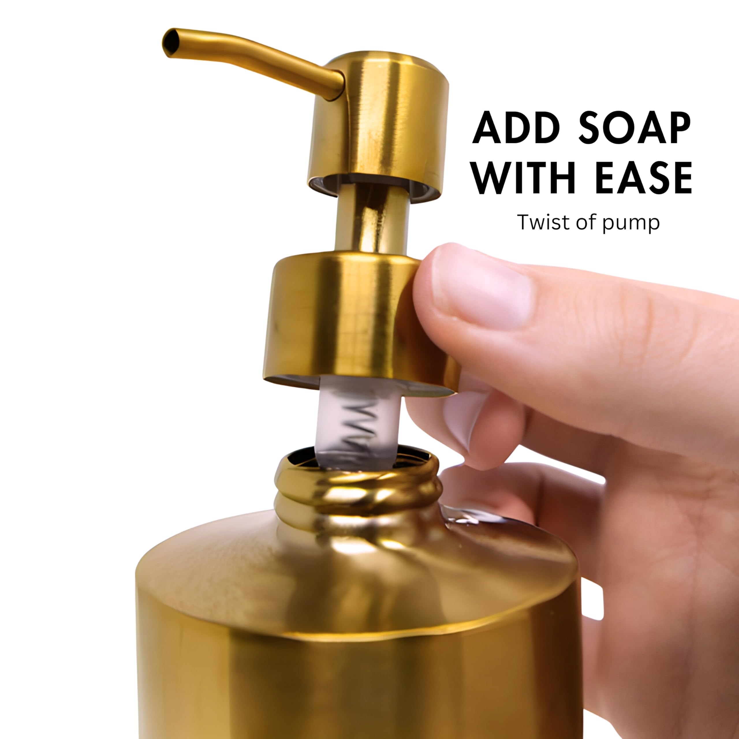 YEW DESIGN brass soap dispenser with open pump for easy refills.