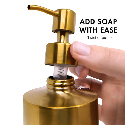 YEW DESIGN brass soap dispenser with open pump for easy refills.
