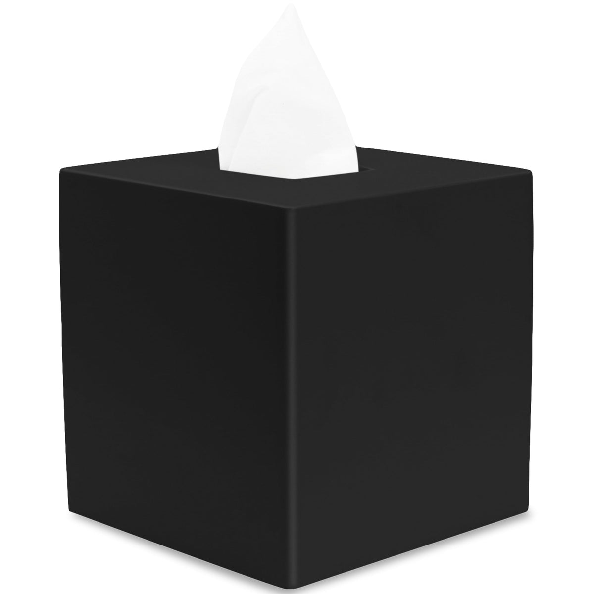 Yew Design matte black square tissue box cover shown on countertop for clutter-free spaces