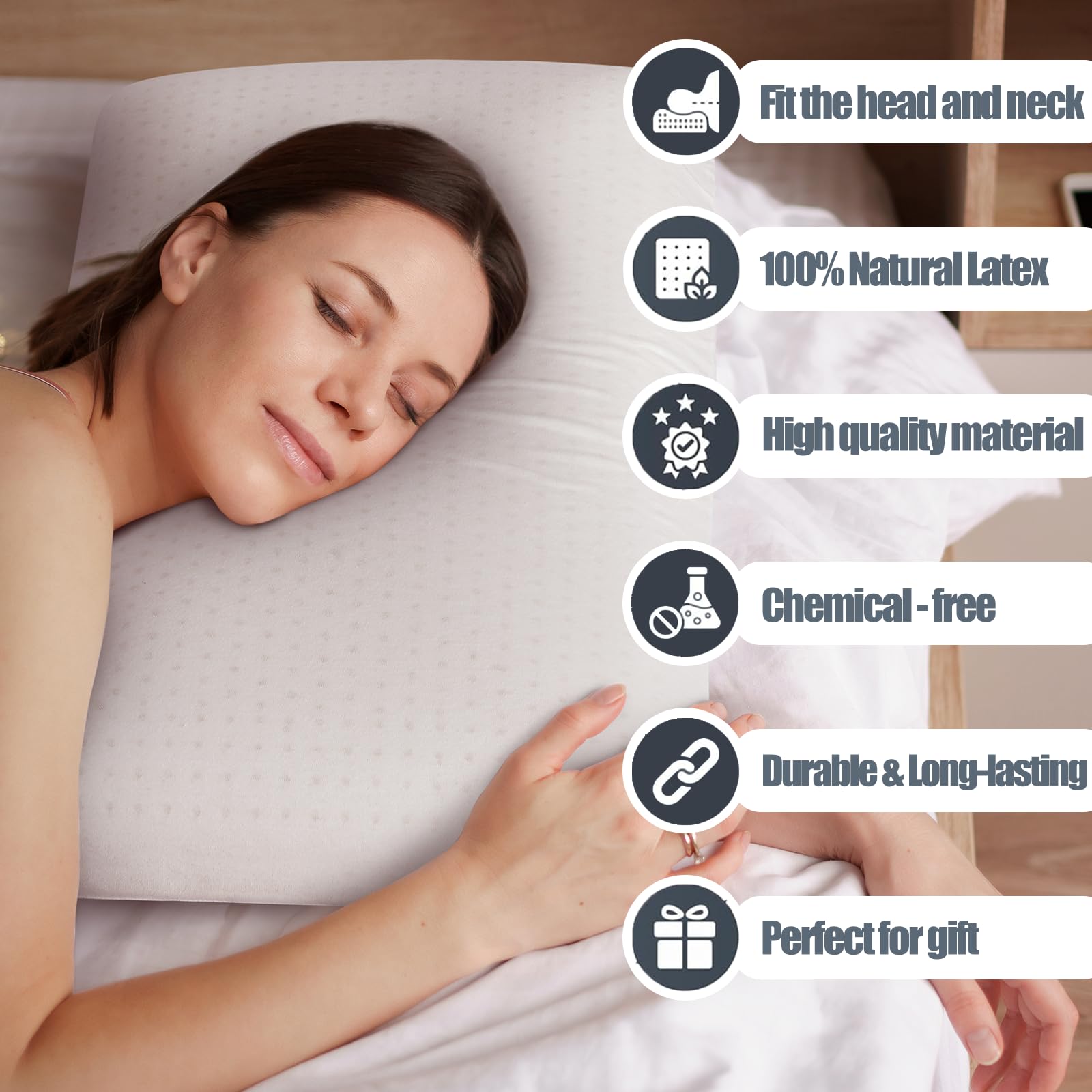 YFICBIK Talalay latex pillow removable cover highlights easy cleaning and temperature regulation.
