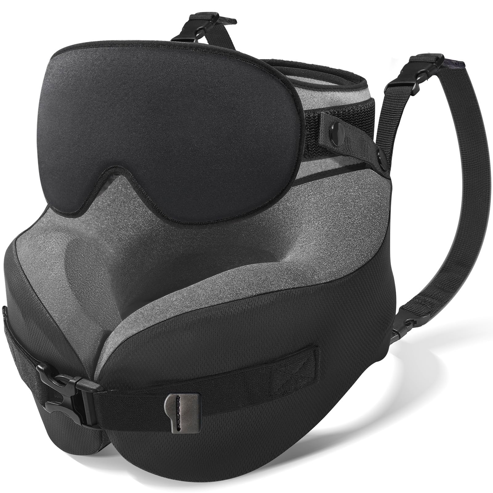 YFONG travel pillow with 3D eye mask provides neck support for long flights.