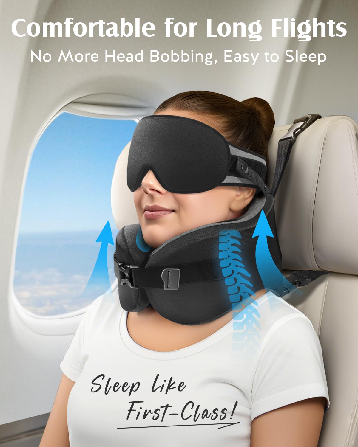 YFONG travel pillow front pull-strap adjustment for a customizable fit.