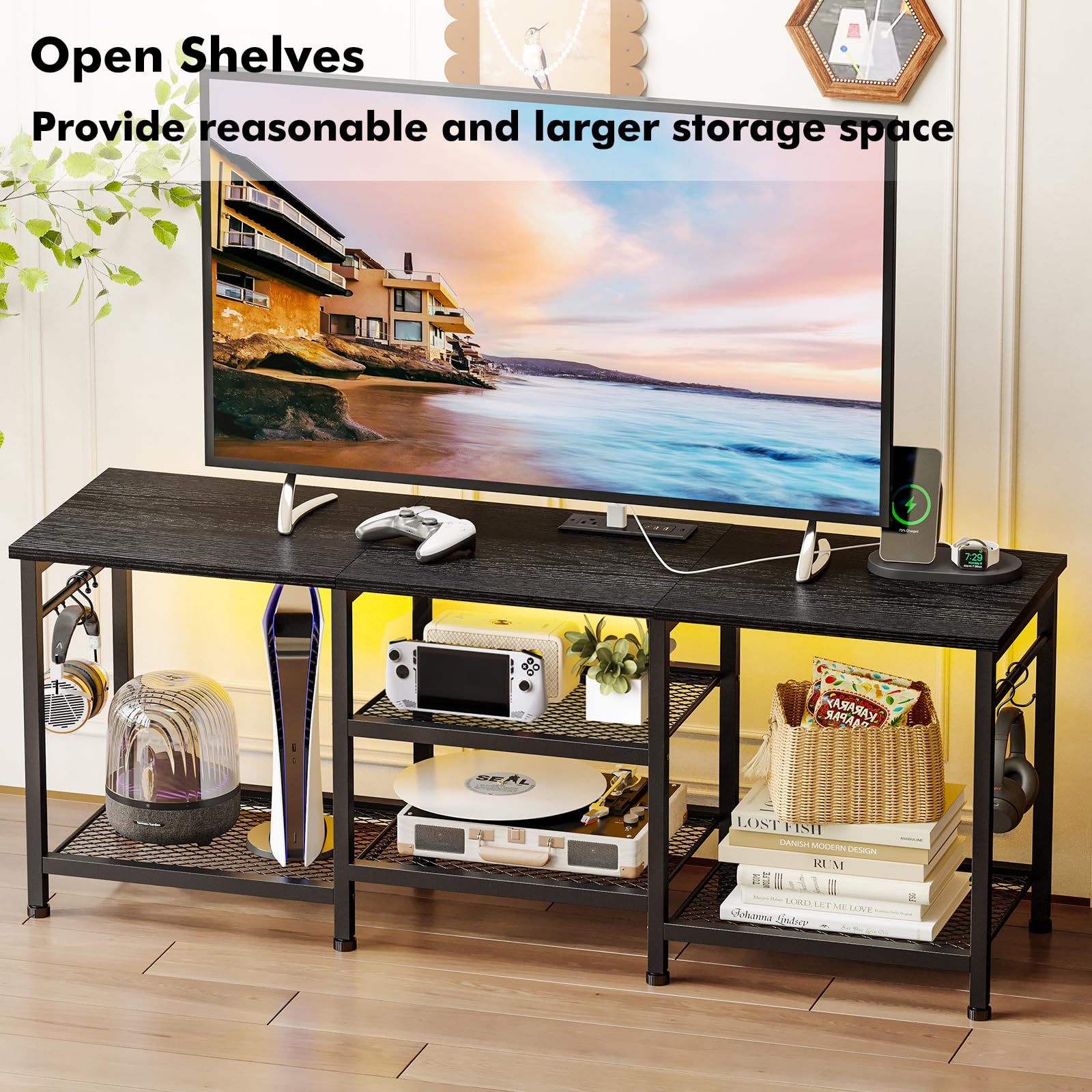 YGEOMER 55-inch TV stand featuring sturdy metal frame and wood grain