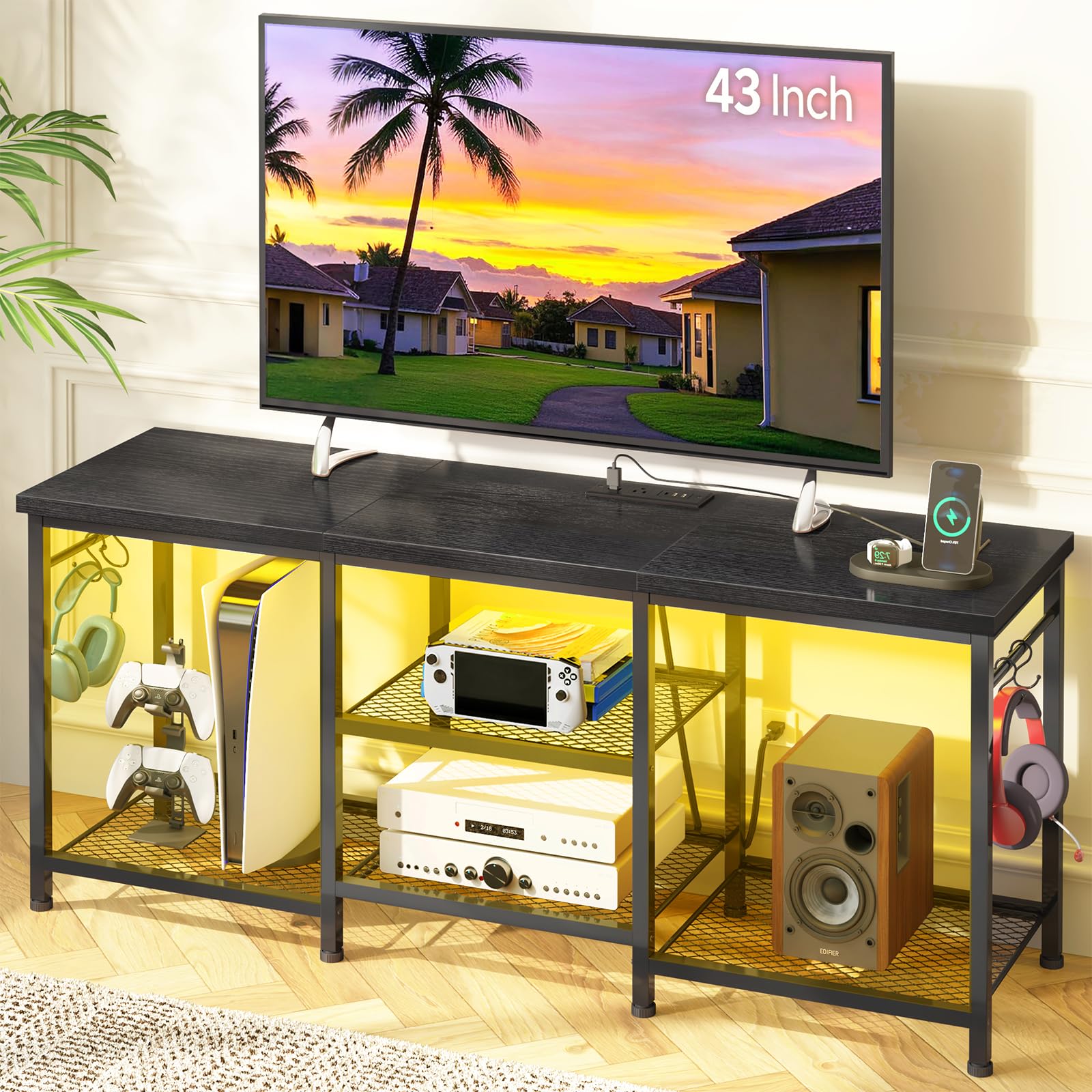 YGEOMER black entertainment stand with LED lights for a 55-inch TV