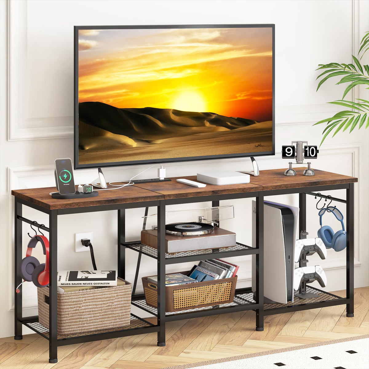 YGEOMER entertainment center with 55-inch compatibility and rustic brown finish for organized living spaces.