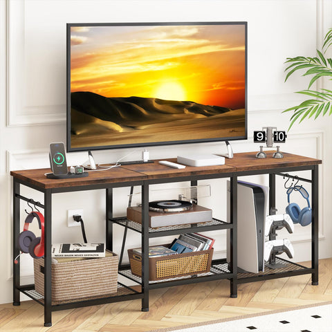 YGEOMER entertainment center with 55-inch compatibility and rustic brown finish for organized living spaces.