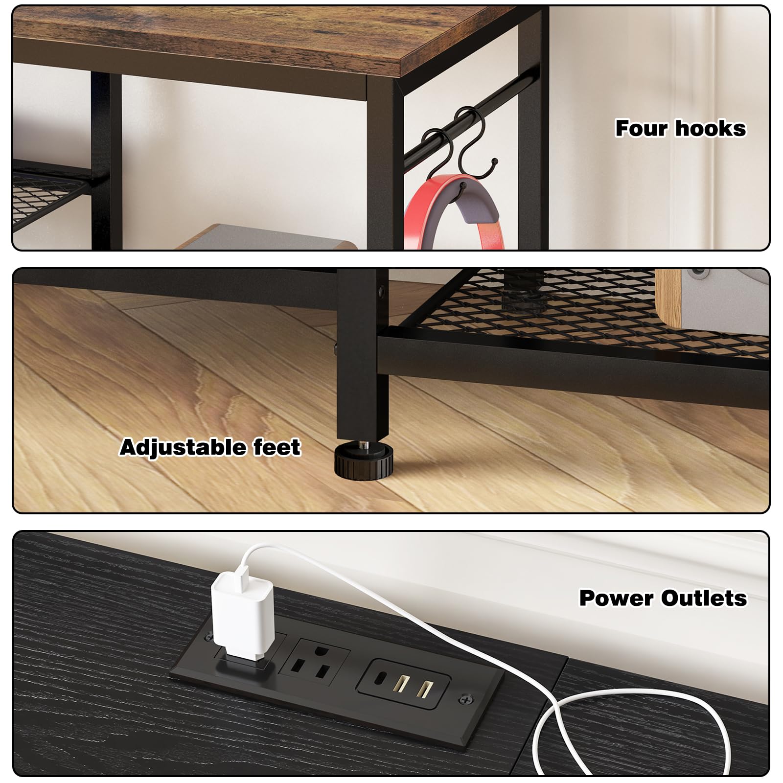 Open mesh shelves provide ventilation and accessible device storage.
