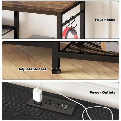 Open mesh shelves provide ventilation and accessible device storage.