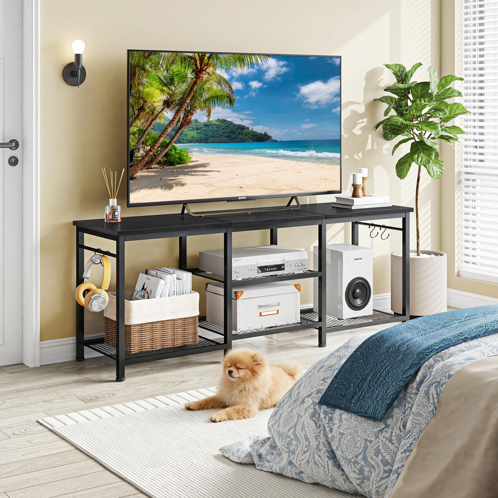 YGEOMER entertainment center with four hooks keeps remotes organized.