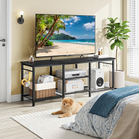 YGEOMER entertainment center with four hooks keeps remotes organized.
