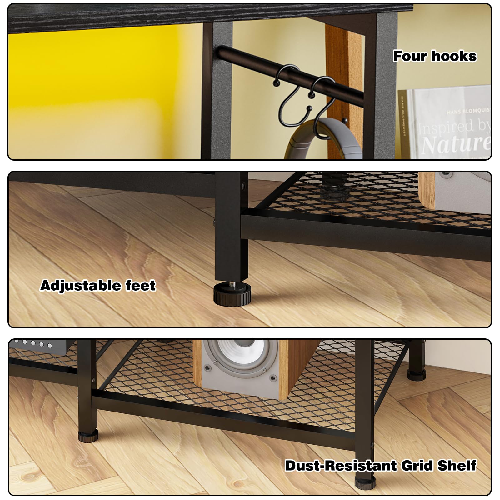 YGEOMER entertainment center open mesh shelves for easy access to devices.