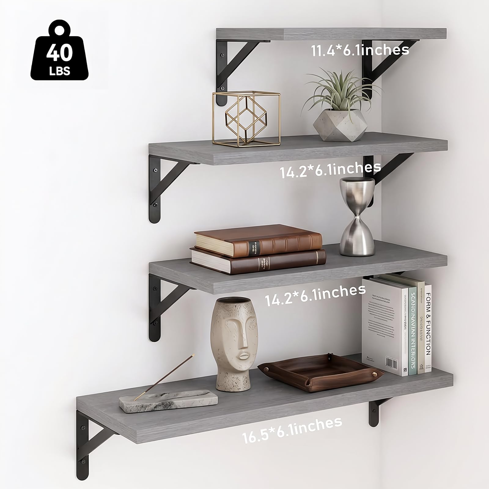 YGEOMER floating shelves gray set4 installed on wall for space-saving organization