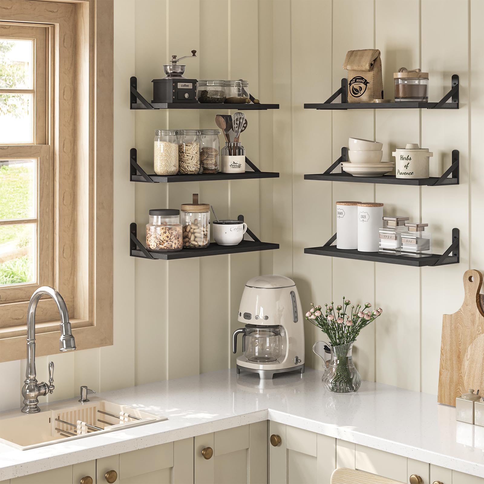 YGEOMER kitchen display with spices and dishes on floating shelves.