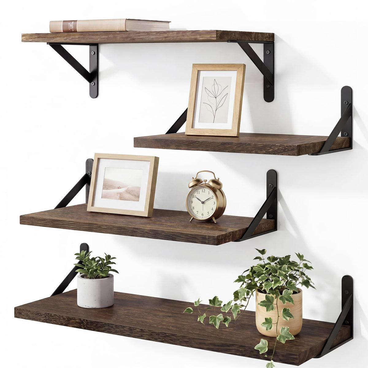 YGEOMER floating shelves mounted on wall in dark carbonized brown for stylish storage and display