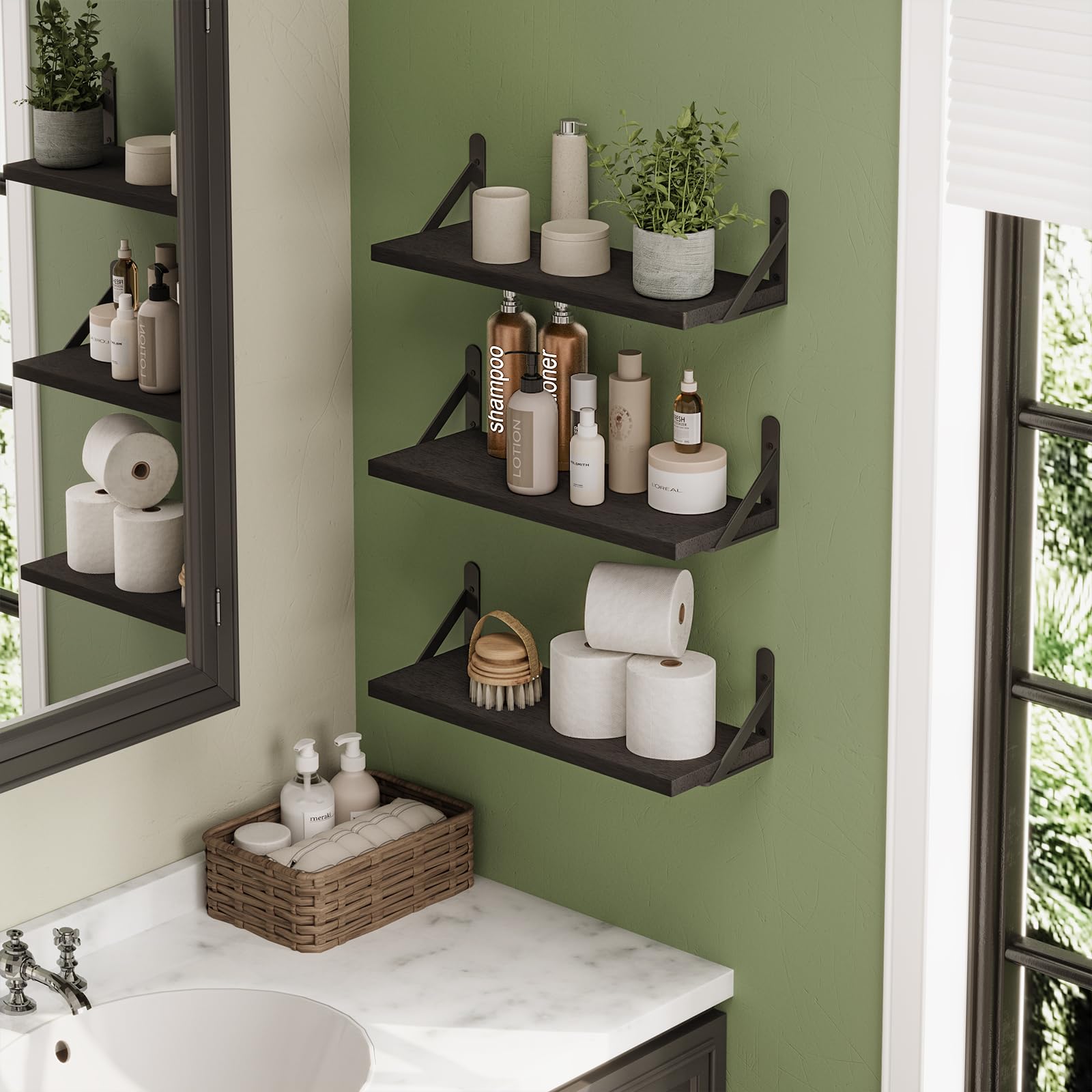 YGEOMER living room decor with books and plants on shelves.