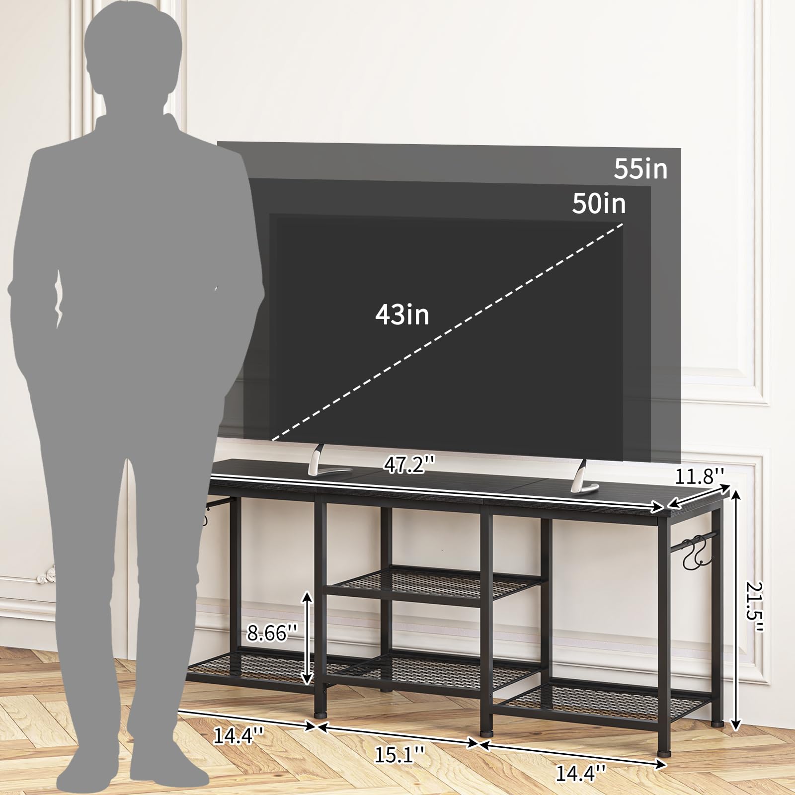 YGEOMER TV stand side view highlighting compact profile and sturdy construction.