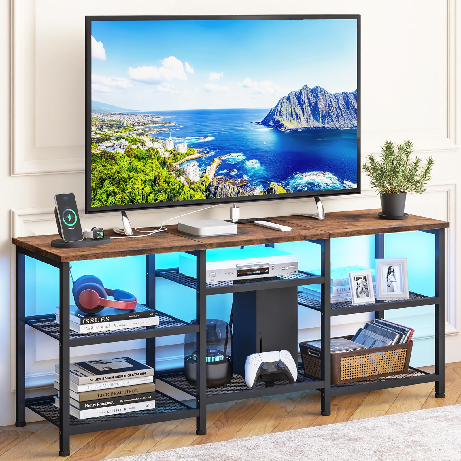 YGEOMER TV Stand compatible with 55-inch TVs in a rustic brown finish.