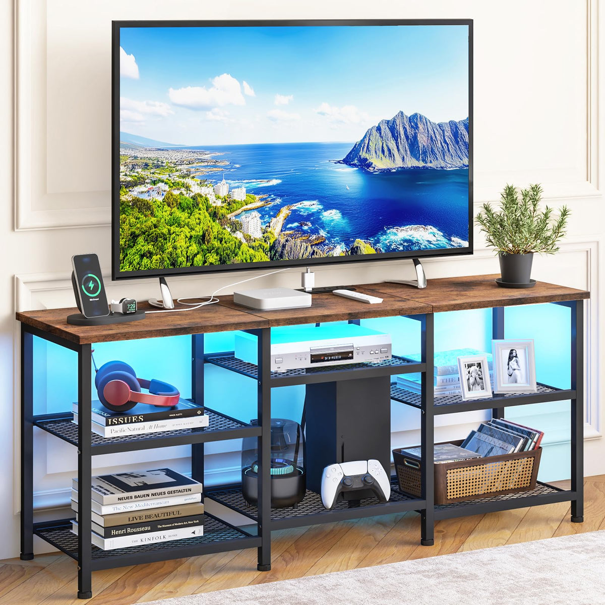YGEOMER TV Stand compatible with 55-inch TVs in a rustic brown finish.