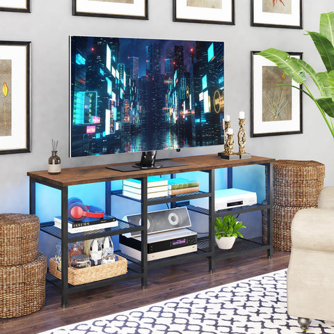 Integrated charging and adjustable shelves help organize devices and media accessories.