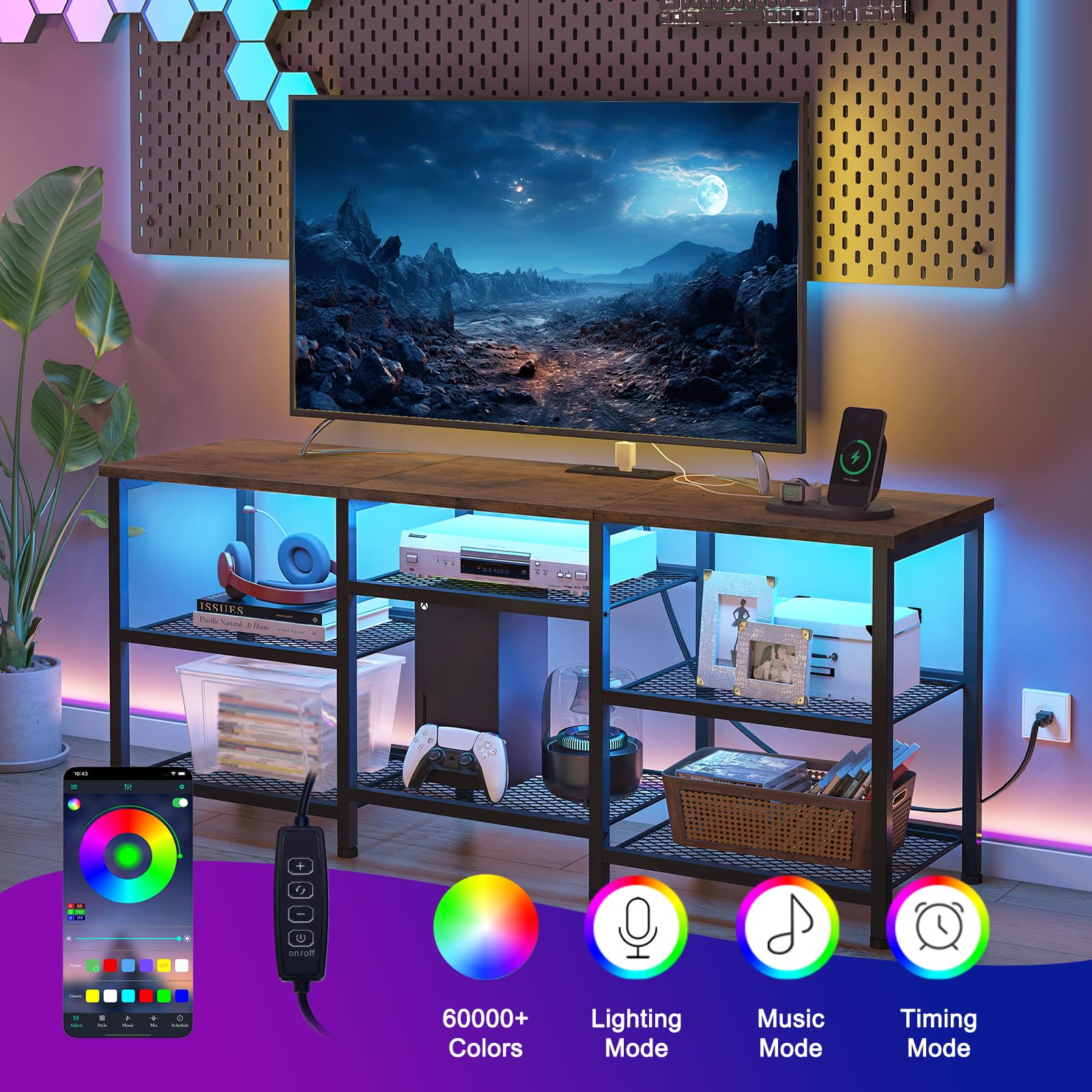 YGEOMER TV Stand with adjustable upper panels adapts to items stored.