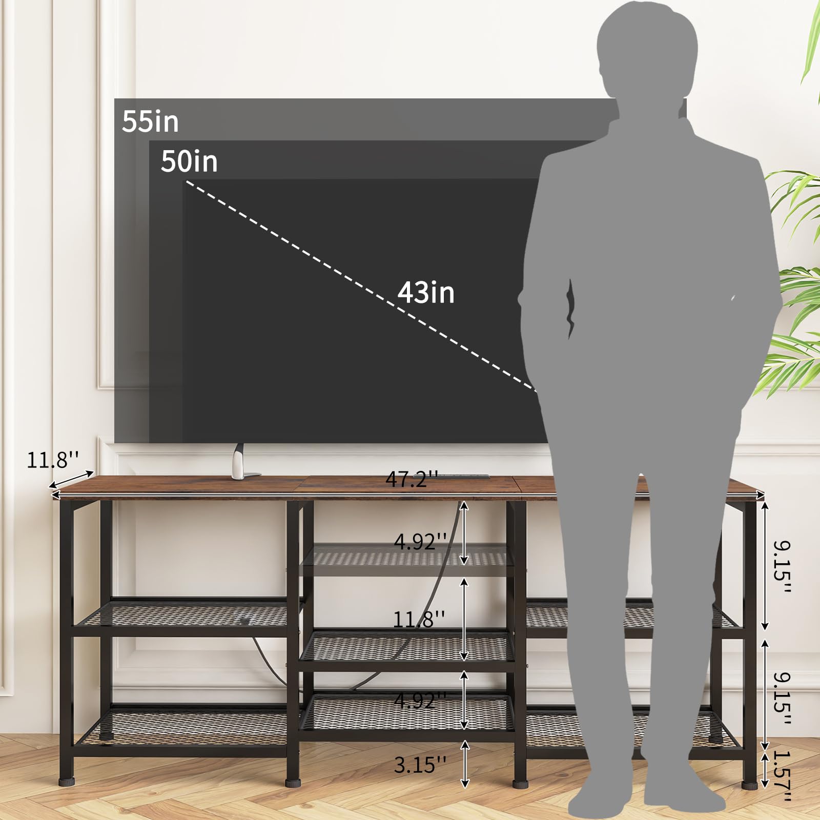YGEOMER TV Stand with charging station and LED lights for easy device charging and ambience.