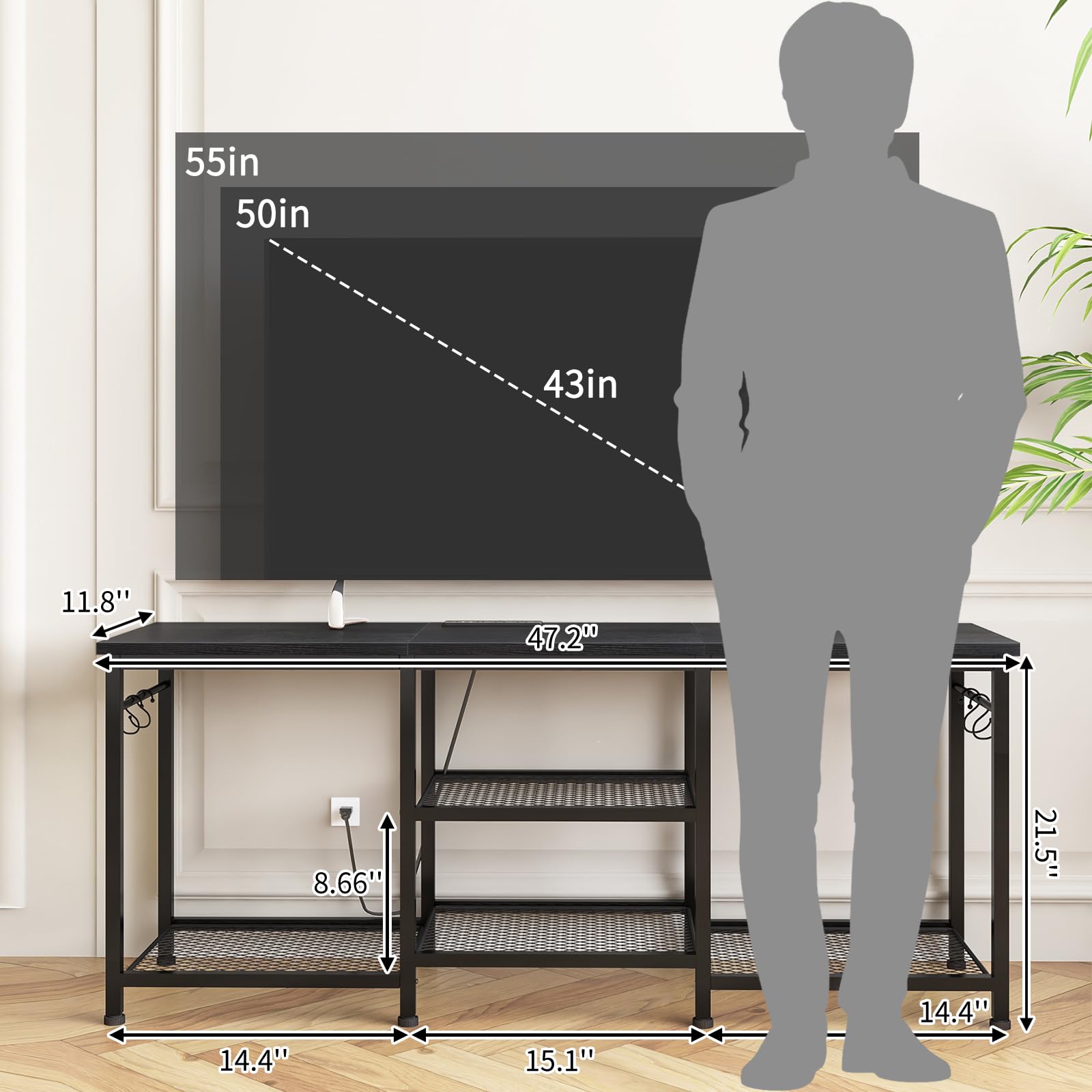 YGEOMER TV stand fits TVs up to 55 inches for compact living rooms.