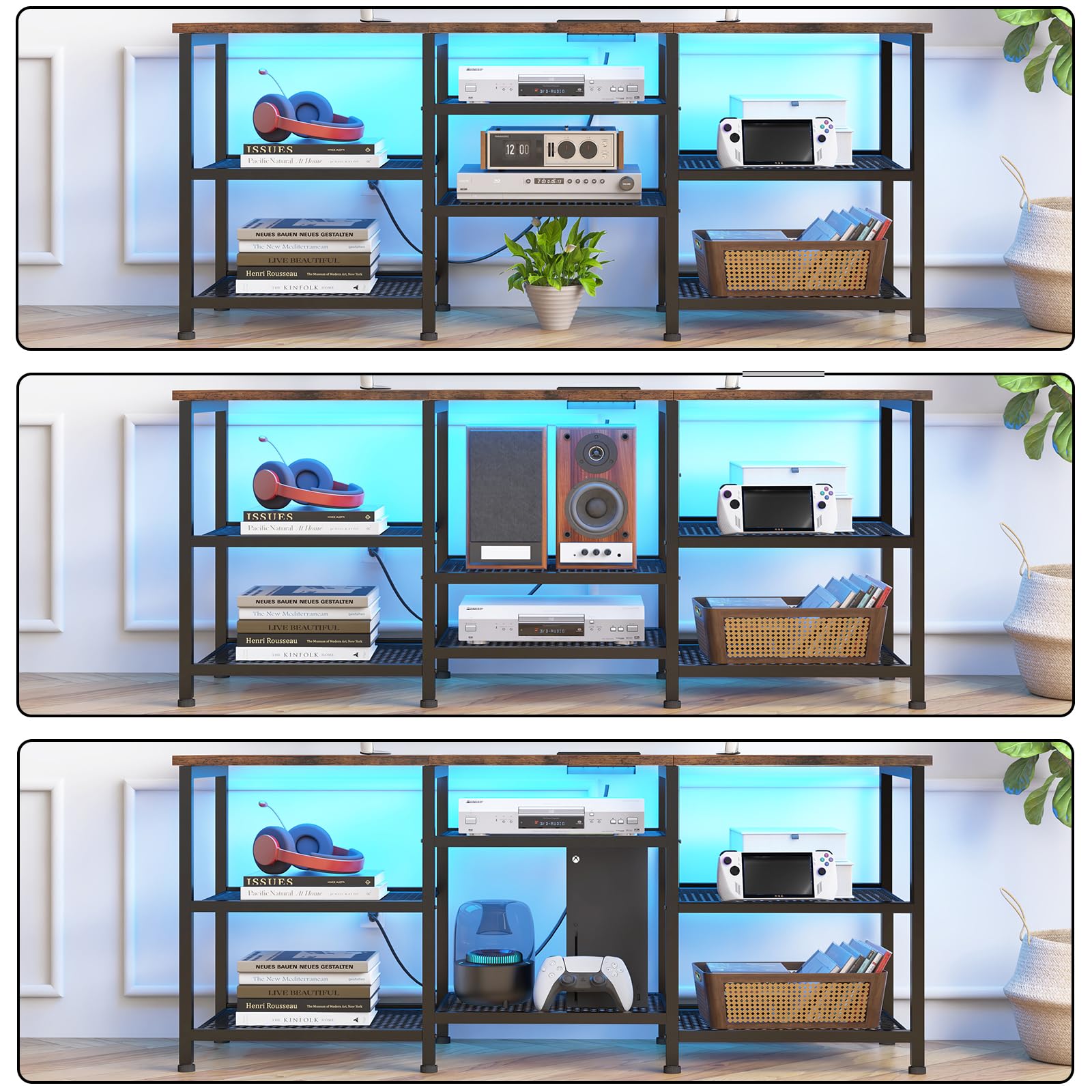 YGEOMER TV Stand features open mesh shelves for consoles and media gear.