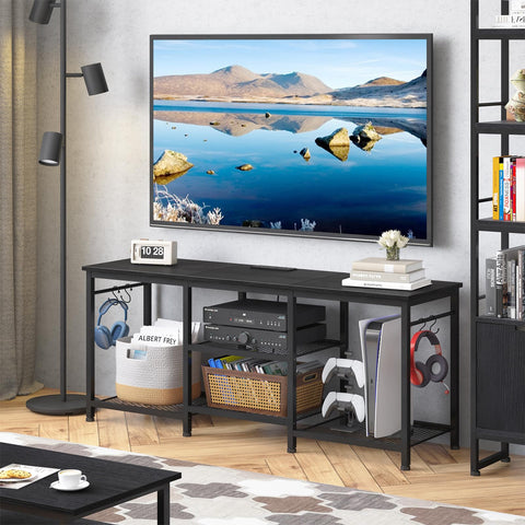 Open mesh shelves provide accessible storage with visible cable routing.
