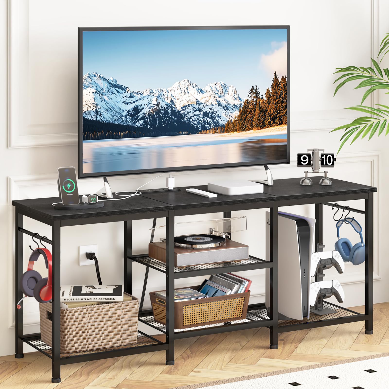 YGEOMER TV stand with outlet and open shelves for clutter-free setup.