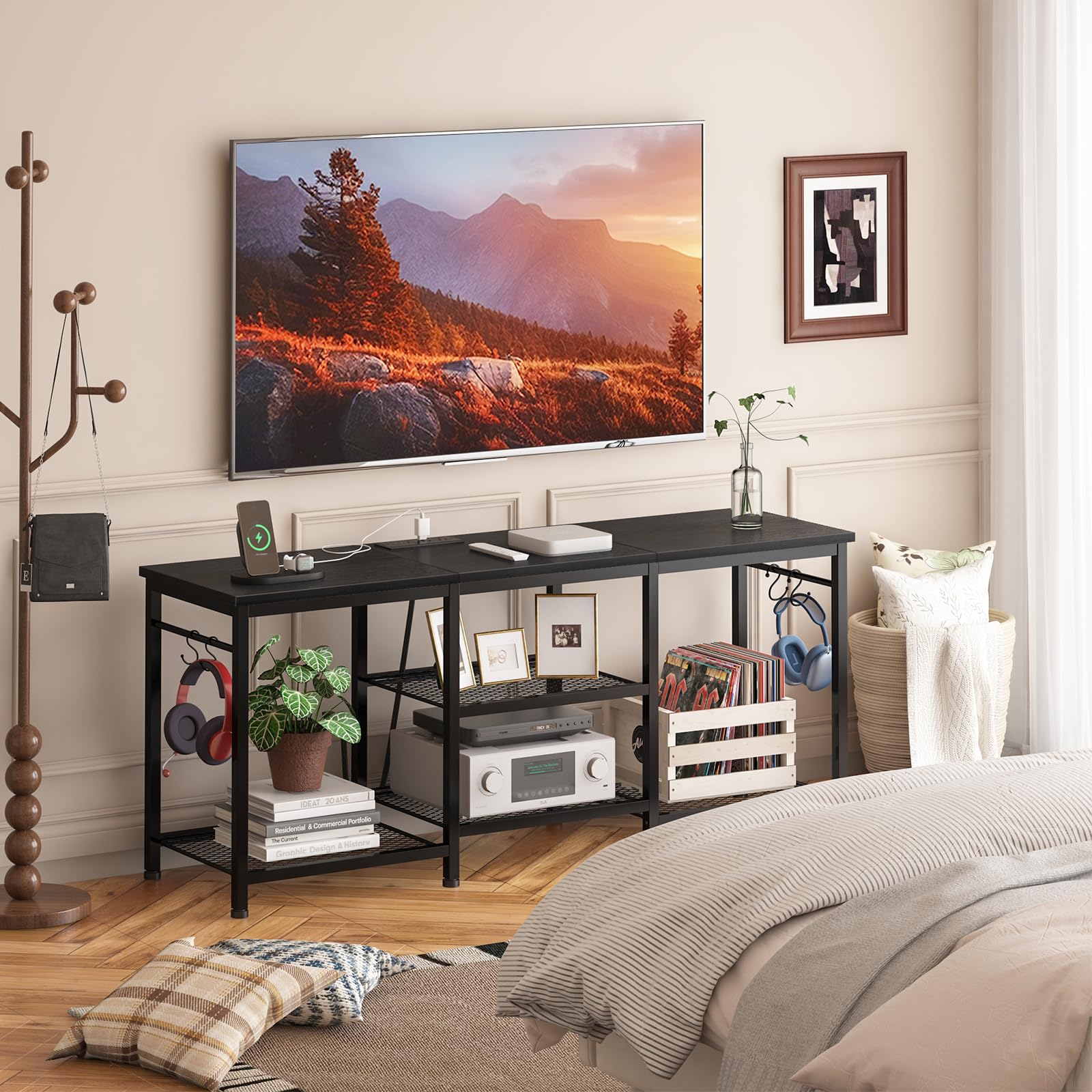 Side hooks for cables help keep cords organized and tidy.