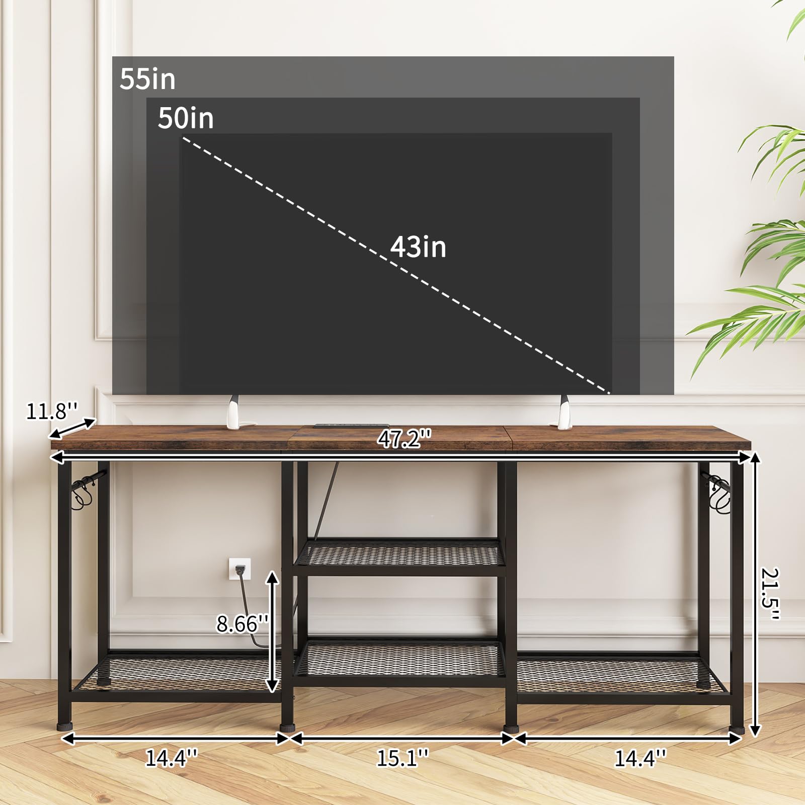 YGEOMER tv stand with built-in outlet keeps consoles powered without clutter.
