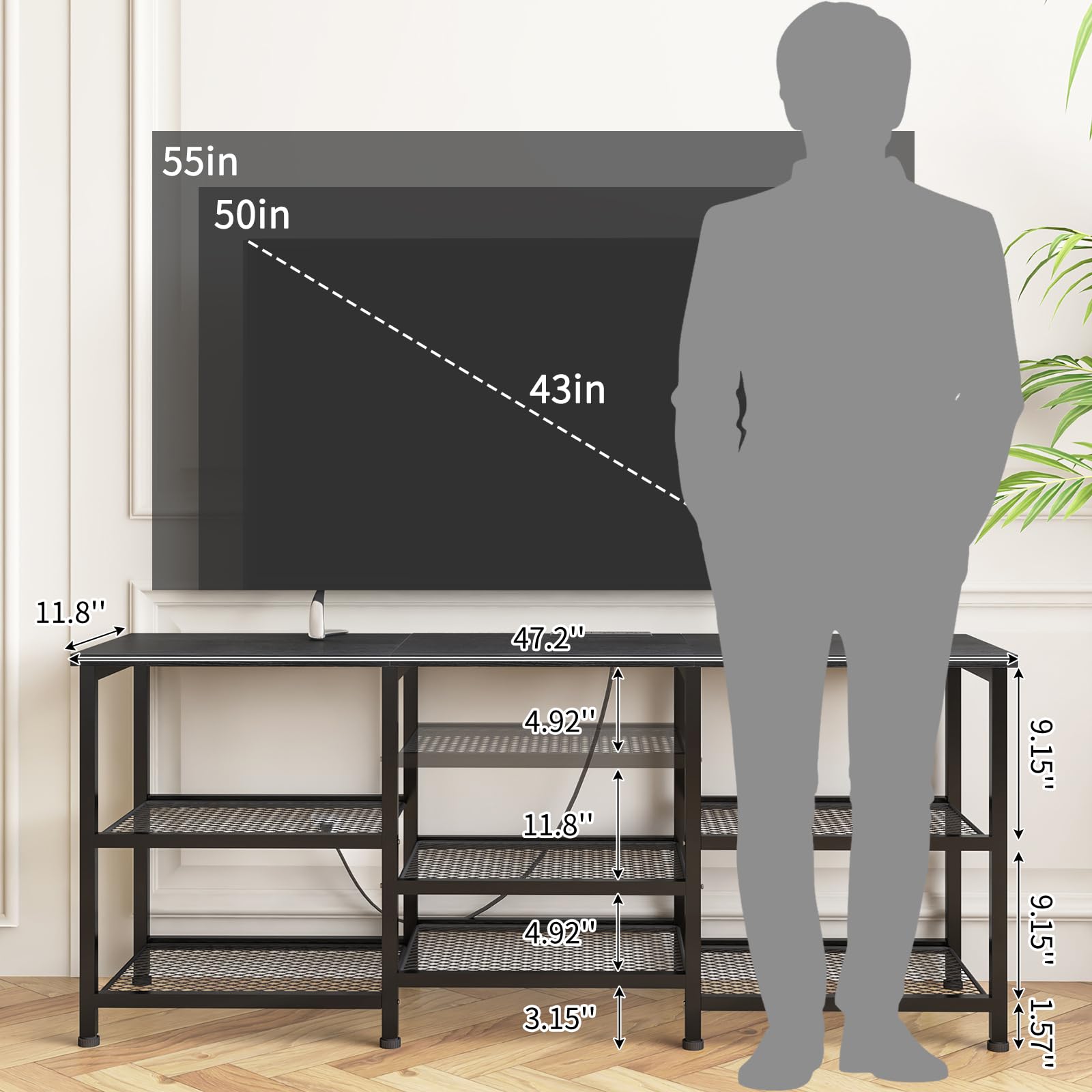 YGEOMER TV stand featuring power outlets and LED lighting for ambiance