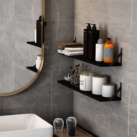 YGEOMER wall shelves in living room for plants, photos, and decor.