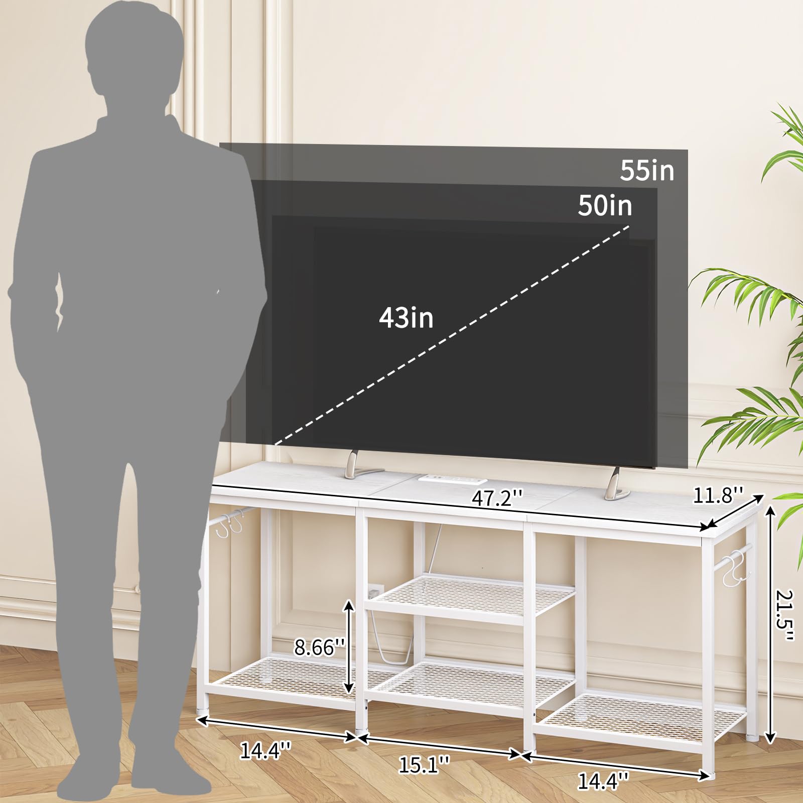 YGEOMER stand supports a 55-inch TV with ample surface space.