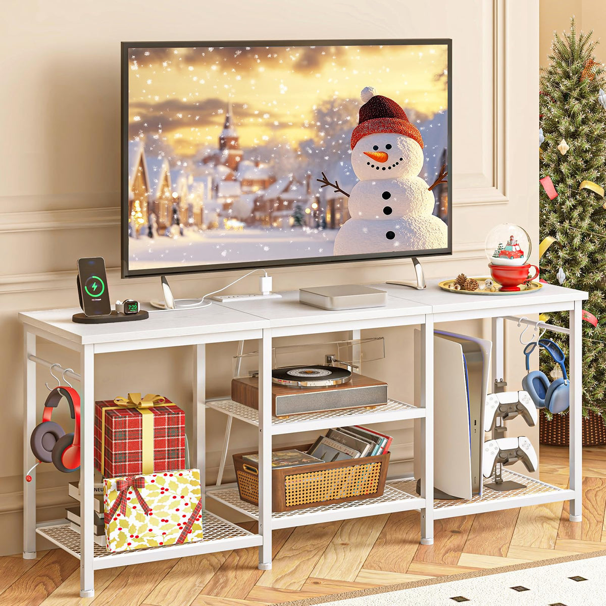 YGEOMER white TV stand with power outlet for easy charging.