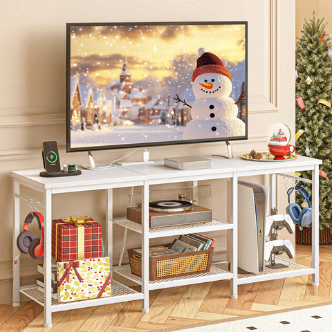 YGEOMER white TV stand with power outlet for easy charging.
