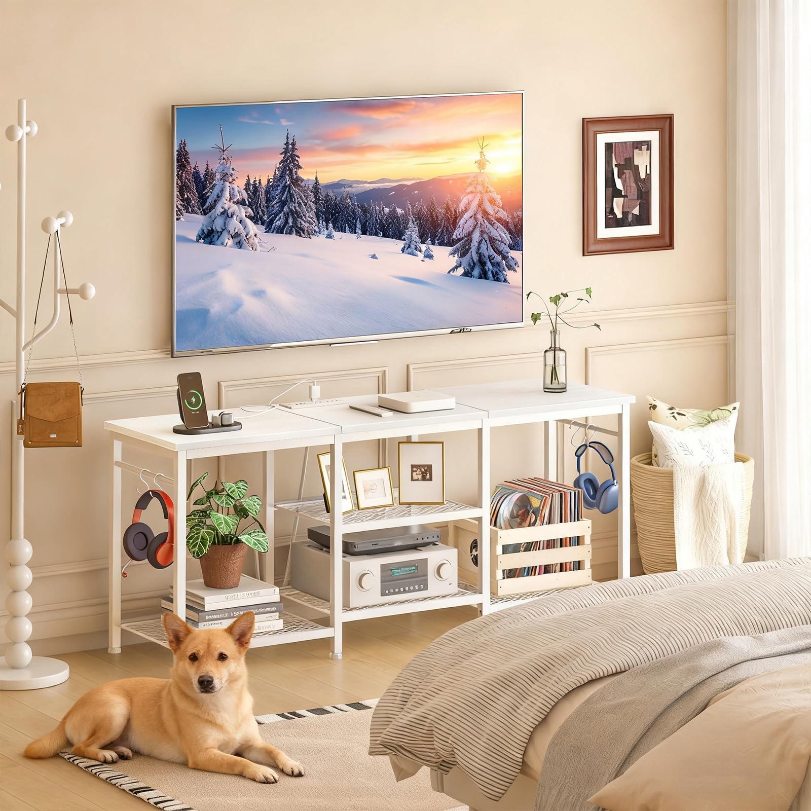 YGEOMER white TV stand doubles as an entertainment center in living rooms.