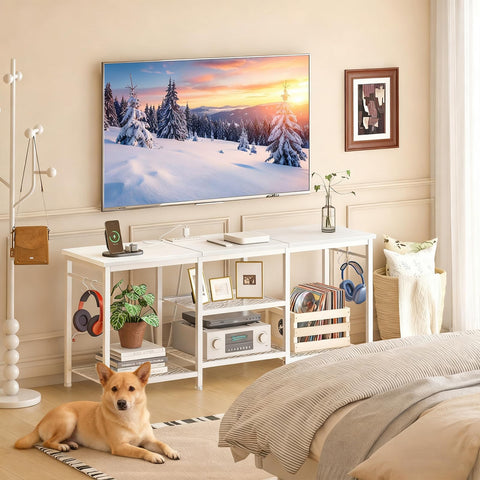 YGEOMER white TV stand doubles as an entertainment center in living rooms.