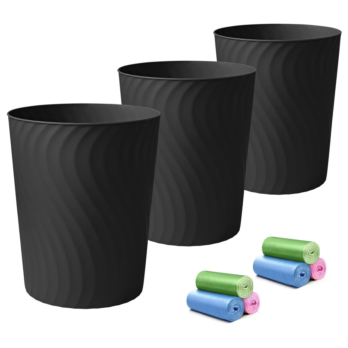 YGJT three-pack black trash can top view highlighting compact footprint for small spaces.