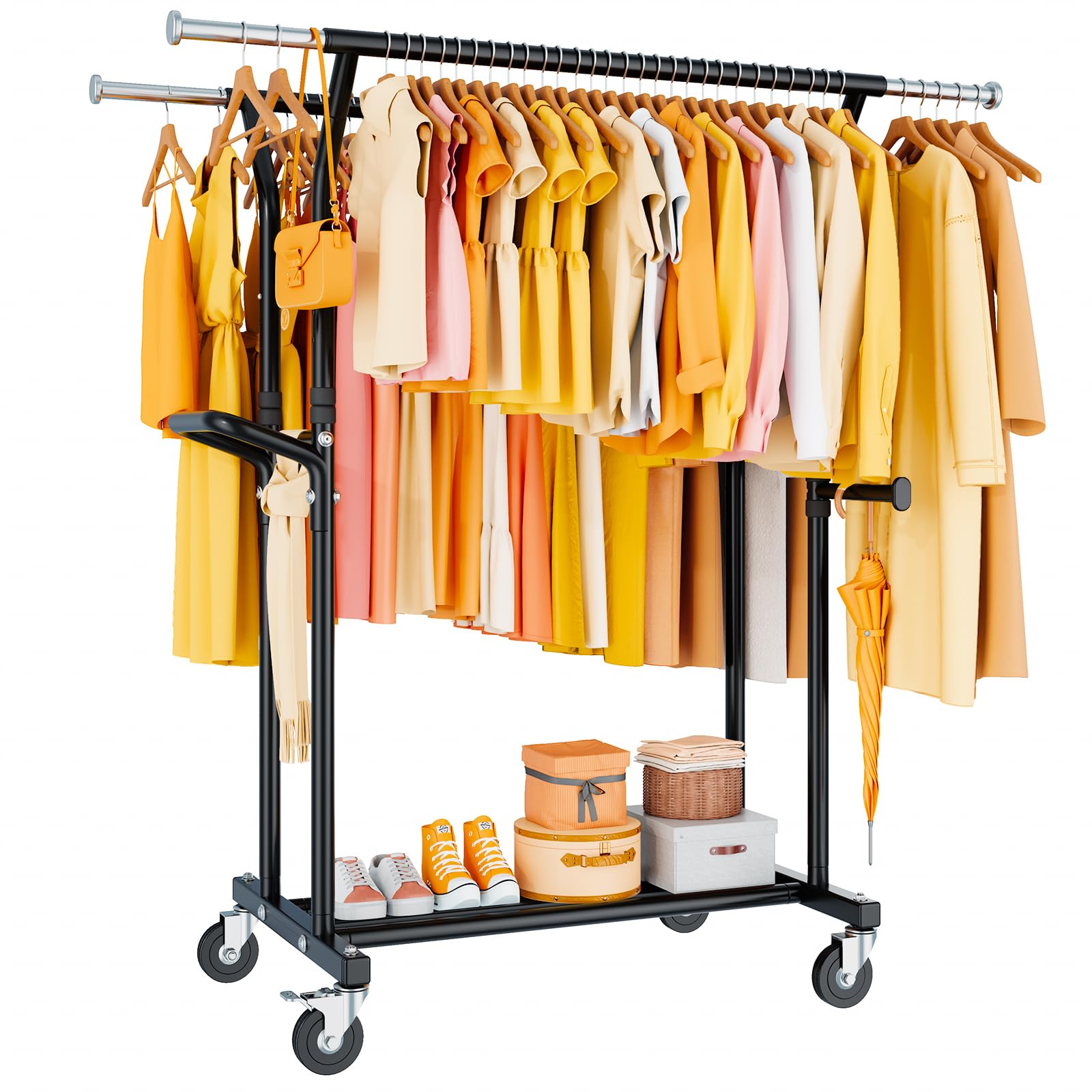 YGleeao 800lbs rack with double rods enables heavy garment storage and stable organization.