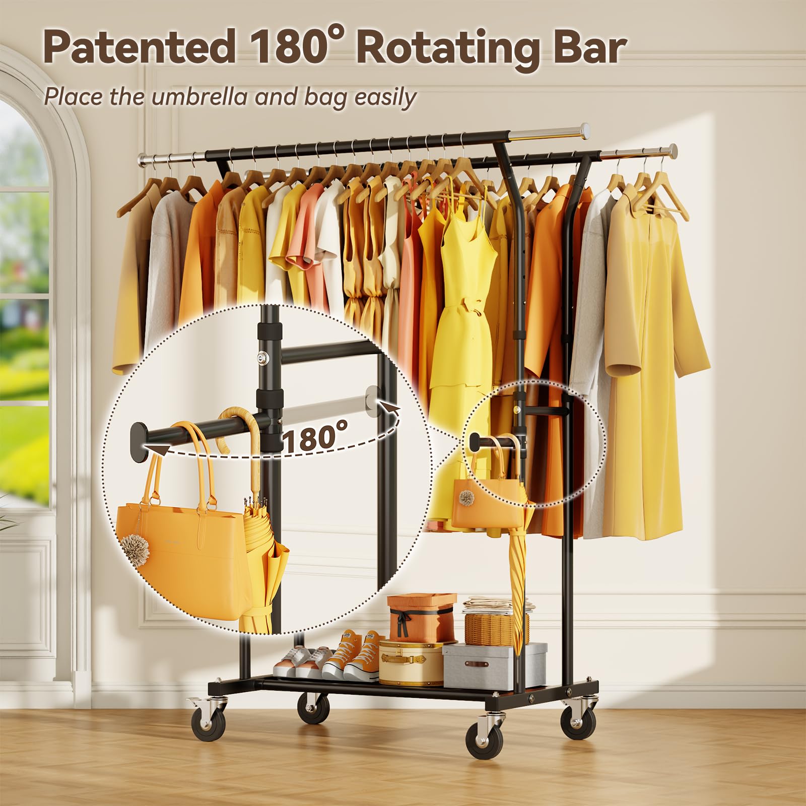 YGleeao adjustable-height wardrobe rack highlights versatile height customization.
